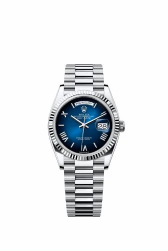 Rolex Day-Date 36 Platinum - Fluted / Blue Ombré - Roman / President 128236-0020 (m128236-0020)